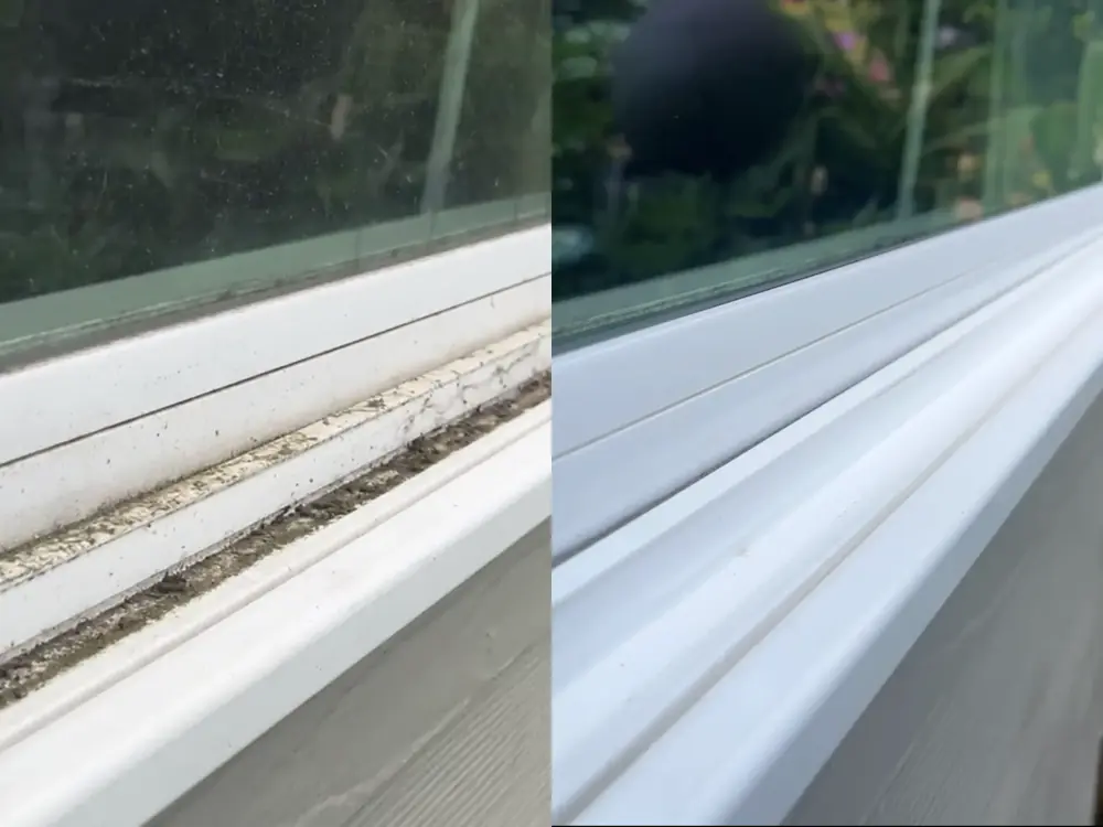 Before and after comparison of a dirty window frame and track versus a fully cleaned one