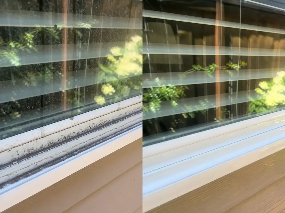 Before and after comparison of a dirty window sill and track versus a fully cleaned one