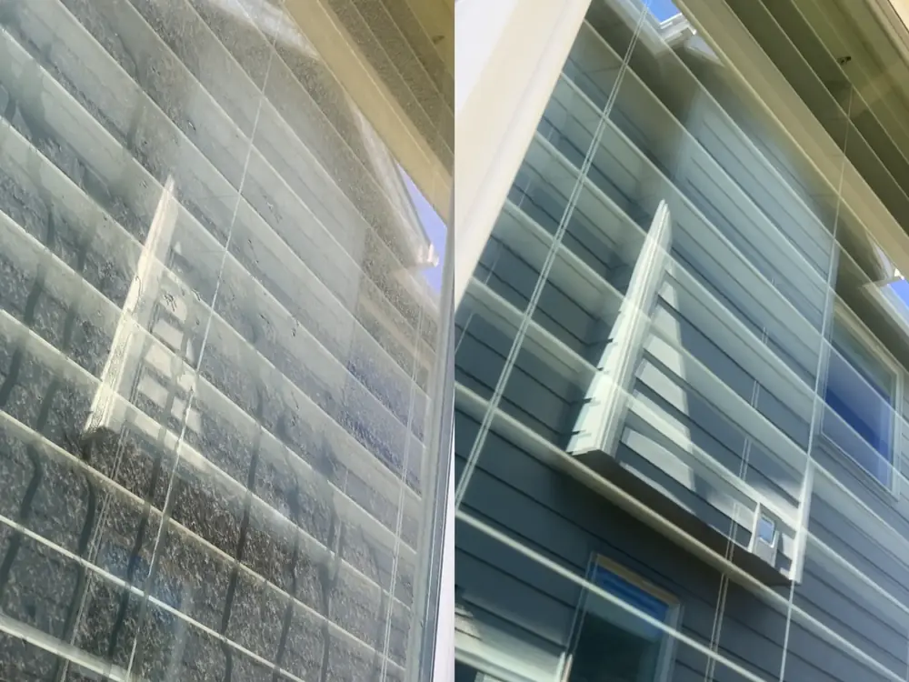 Before and after residential window cleaning showing dirty glass transformed to crystal clear